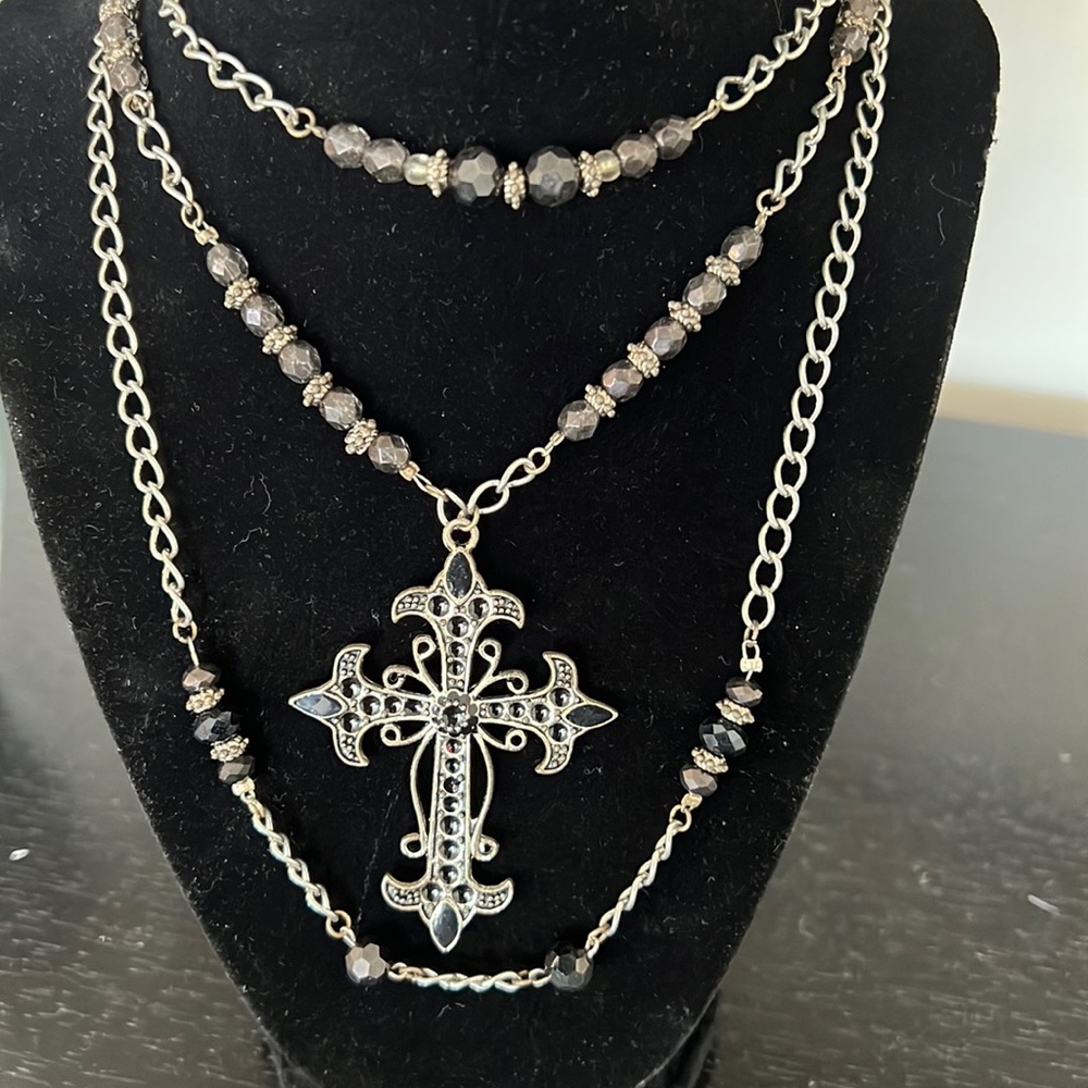 Beautiful Beaded Silver and Black Triple-strand Cross Necklace